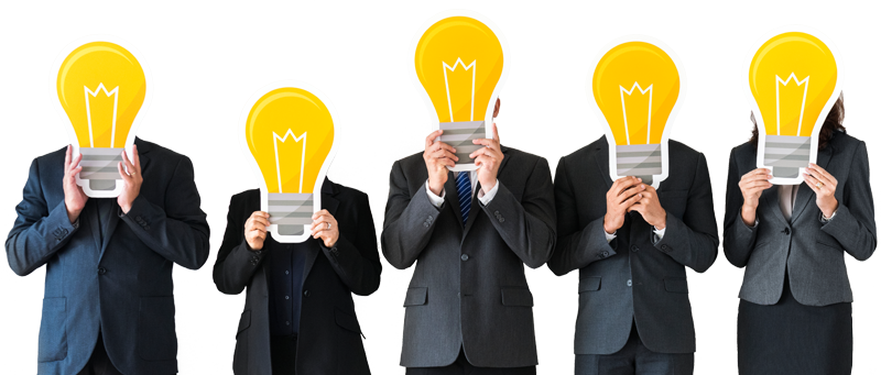 Business people holding lightbulb icons